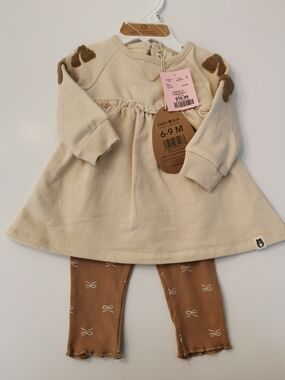 Cream Baby Dress & Brown Bow Leggings Set